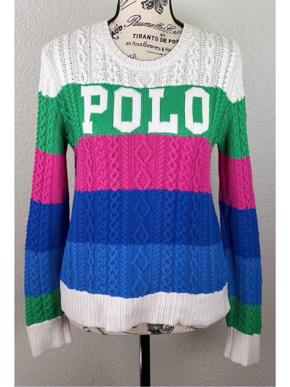 Polo Ralph Lauren Y2K Multicolor Striped Cable-Knit Pullover Sweater Small - Picture 8 of 14